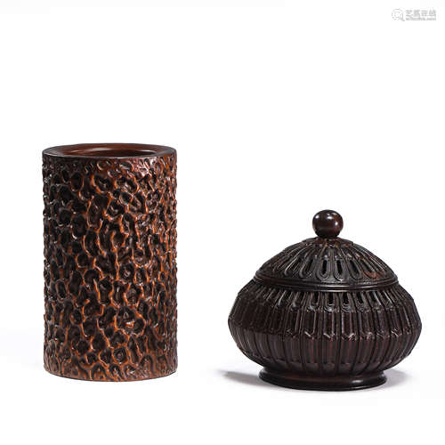 CHINESE BOXWOOD PEN HOLDER WITH ROSEWOOD INCENSE BURNER, QIN...