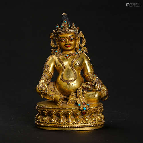 CHINESE QING DYNASTY GILT BRONZE BUDDHA INLAID WITH GEMSTONE...