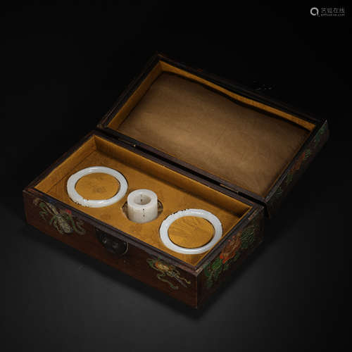 CHINESE QING DYNASTY HETIAN JADE BRACELETS(2), THUMB RING（1）...