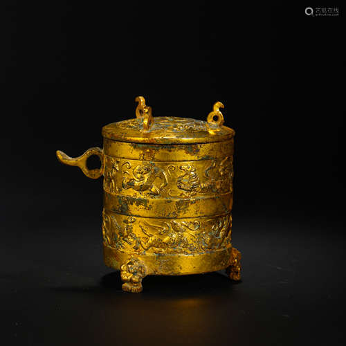 CHINESE TANG DYNASTY GILT BRONZE JAR WITH LID