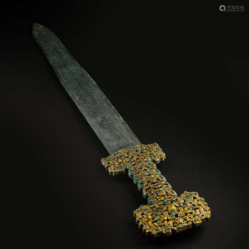 CHINESE HAN DYNASTY BRONZE SWORD INLAID WITH GOLD AND TURQUO...