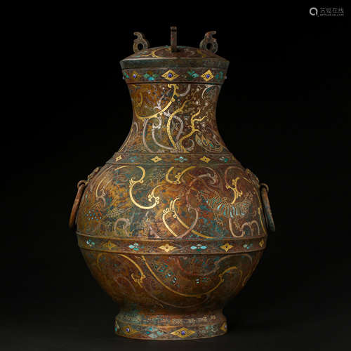 CHINESE BRONZE LID JAR INLAID WITH GOLD AND TURQUOISES WITH ...