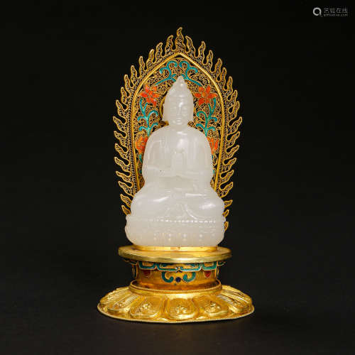 HETIAN JADE BUDDHA STATUE WITH GOLD PEDESTAL, QING DYNASTY