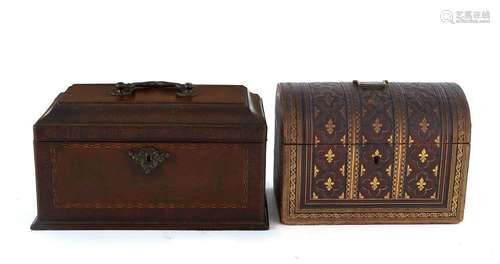 Georgian Inlaid Burl Walnut Tea Caddy and Leather Box (2pcs)