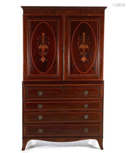 Sheraton Style Inlaid Mahogany Secretary Linen Press