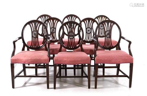 Sheraton Carved Mahogany Dining Chairs, Set of Eight (8pcs)