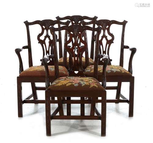 George III Carved Mahogany Armchairs, Set of Four (4pcs)