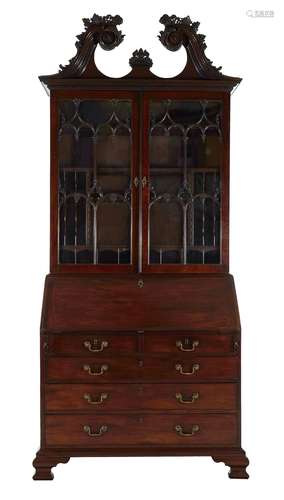 George III Carved Mahogany Bureau Bookcase