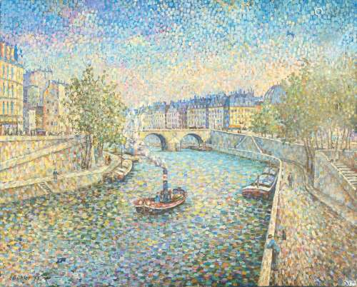 Huile sur toile "Vue de la Seine à Paris". Signé e...