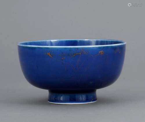 清 薺藍釉描金山水紋碗