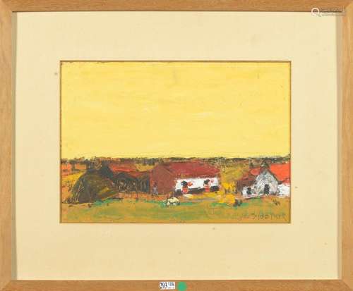 Huile sur carton "Paysage aux fermettes". Signé en...