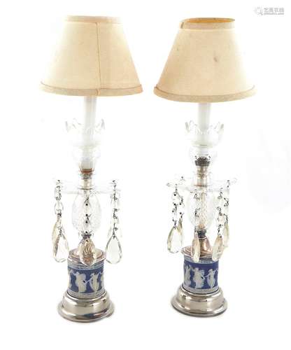 Pair Jasperware and Crystal Candlesticks, Converted to Lamps...