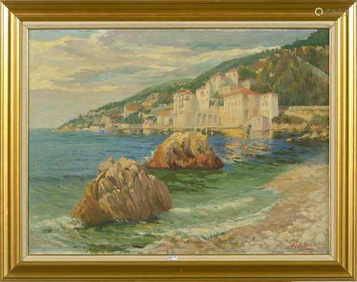 Huile sur toile "Vue du bord de mer sur la côte d'...