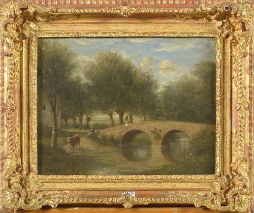 Huile sur toile "Paysanne au pied du pont sur fond de p...