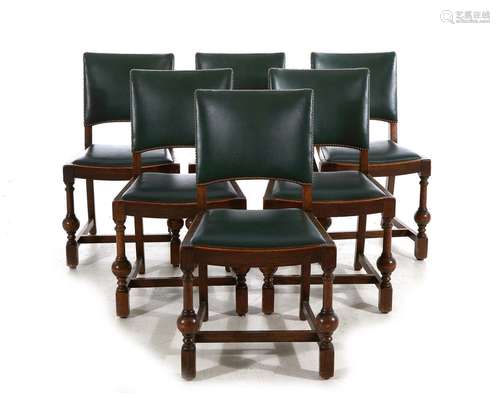 English Leather-Upholstered Oak Club Chair Set (6pcs)