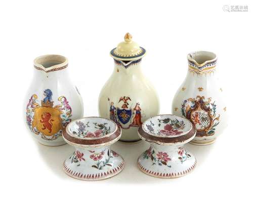 Chinese Armorial Porcelain Creamer Pitchers, and Pair Salt C...