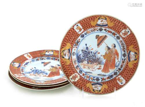 Chinese ‘Dames au Parasol’ Porcelain Plates (4pcs)