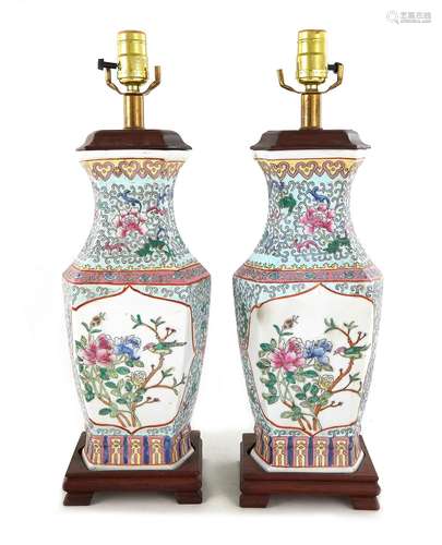 Pair Chinese Porcelain Famille Rose Vases, Converted to Lamp...