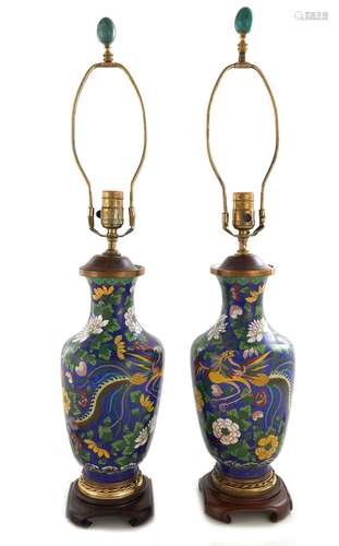 Pair Chinese Cloisonne Vases, Converted to Lamps (2pcs)