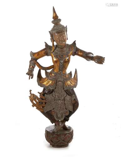 Thai Polychrome-Decorated Carved Wood Deity