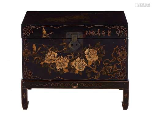 **Chinese Painted Black-Lacquer Box on Stand