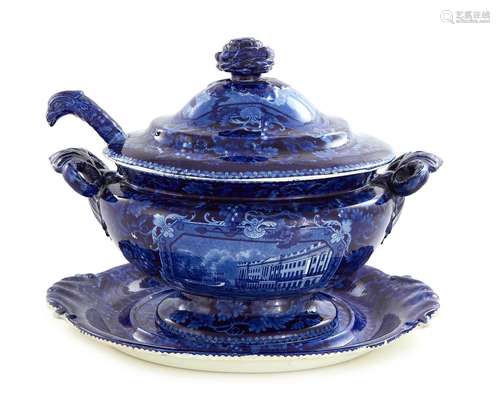 Staffordshire Historical Transfer Tureen on Stand with Ladle...