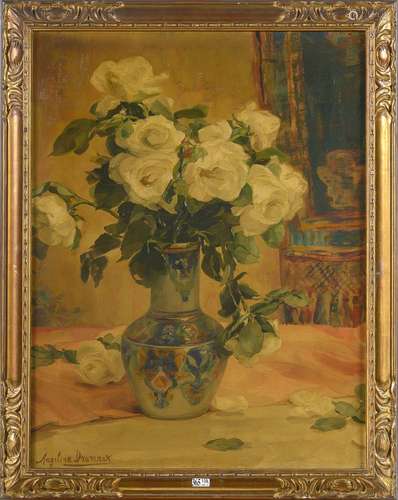 Huile sur toile "Nature morte au vase de roses blanches...