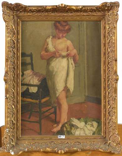 Huile sur panneau d'acajou "Après la toilette"...