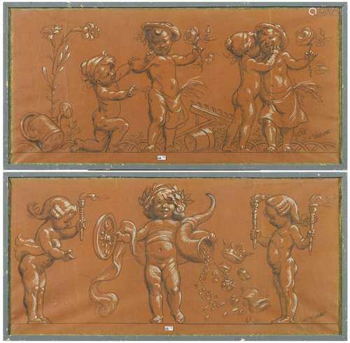 Paire de frises de "Caricatures de putti - allégories d...