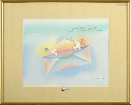 "Courrier postal" aquarelle sur papier. Signé en b...