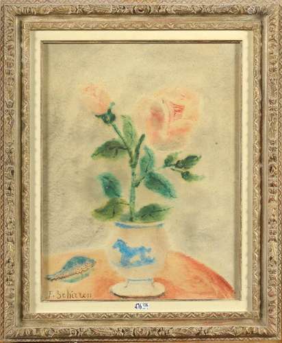 "Nature morte au vase de roses" aquarelle sur papi...