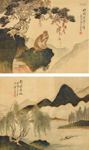 黄山寿 猴、山水二挖 立轴 设色绢本