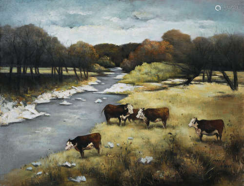 刘颖林 1998年作 河边牧牛 布面油画