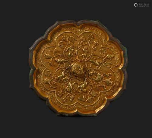 Ming Dynasty, Bronze Mirror with Gold Inlaid Flower Mouth