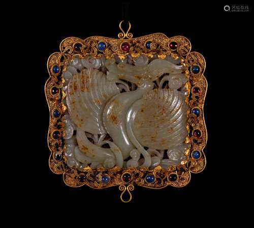 Ming Dynasty, Pure Gold Filigree Hetian Jade Pendant