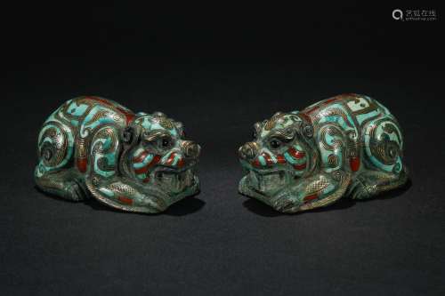 Yuan Dynasty,  inlaid gold and silver head beast