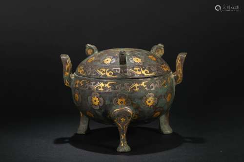 Yuan Dynasty, Three-legged tripod inlaid with gold and silve...