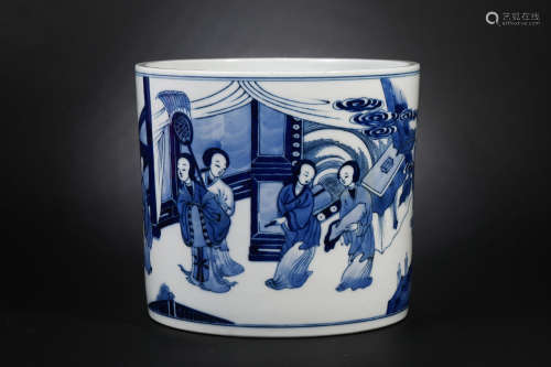 Qing Dynasty,  Blue and White Figure Pen Holder