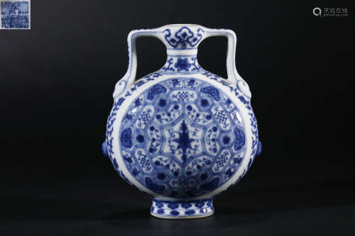 Qing Dynasty,  Blue and White Flower Holding Moon Vase