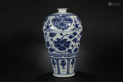 Yuan Dynasty,  Blue and white flower plum vase