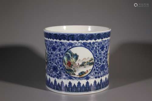 Blue-and-white Famille Rose Brush Pot