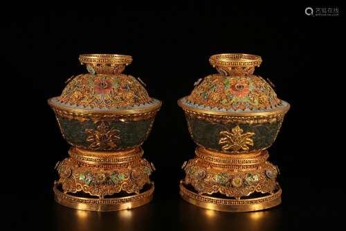 A Pair of Gilt Silver Lidded Bowls