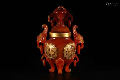 Red Agate Furnace with Gilt Silver Inlay
