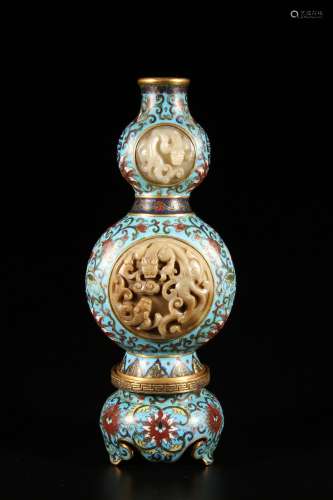 Cloisonne Gourd-shaped Vase with Jade Inlay