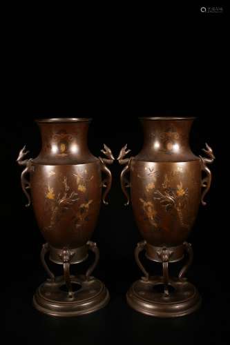 A Pair of Copper Vases with Gold and Silver Inlay