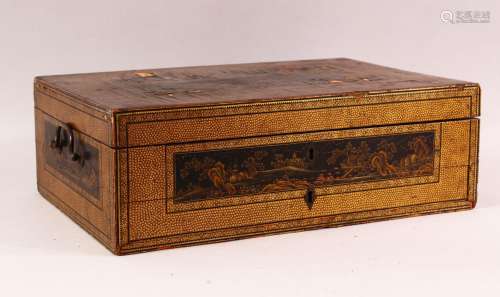 A CHINESE EXPORT LACQUER AND GILT SEWING BOX, the box contai...
