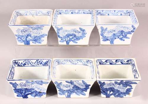 SIX DECORATIVE CHINESE BLUE AND WHITE SQUARE FORM BOWLS, eac...