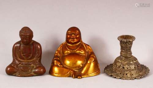 A SMALL BRONZE BUDDHA, together with two other metal items, ...