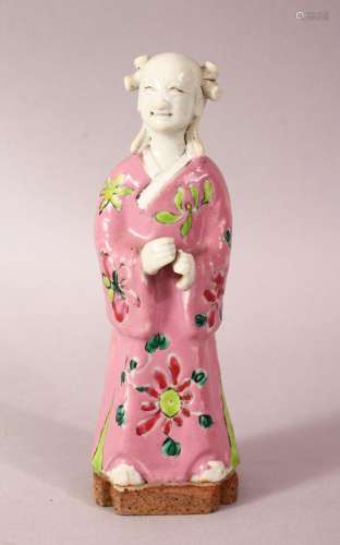 A 19TH CENTURY CHINESE FAMILLE ROSE PORCELAIN FIGURE, decora...