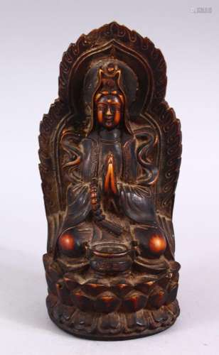 A GOOD CHINESE CARVED IVORY STYLE FIGURE OF SEATED GUANYIN, ...